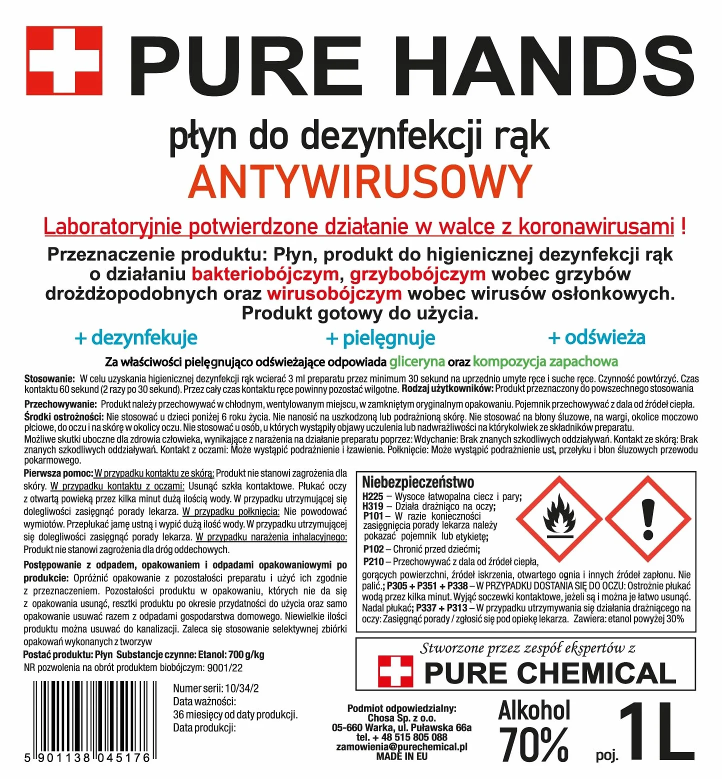 Płyn Do Dezynfekcji Rąk I Skóry Pure Hands 70% (1litr)