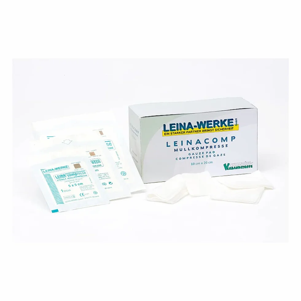 LEINA-WERKE 61010 LEINACOMP kompresy musztardowe 10 cm x 10 cm, 8-krotne, zapieczętowane parami, sterylne, 2 szt.