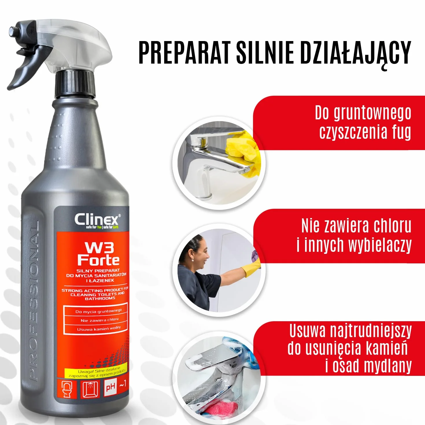 Clinex W3 Forte środek do czyszczenia łazienki, odkamieniacz i rdzę, środek czyszczący do łazienki, kamień i brud, środek do czyszczenia toalety, butelka z rozpylaczem i neutralizator zapachów