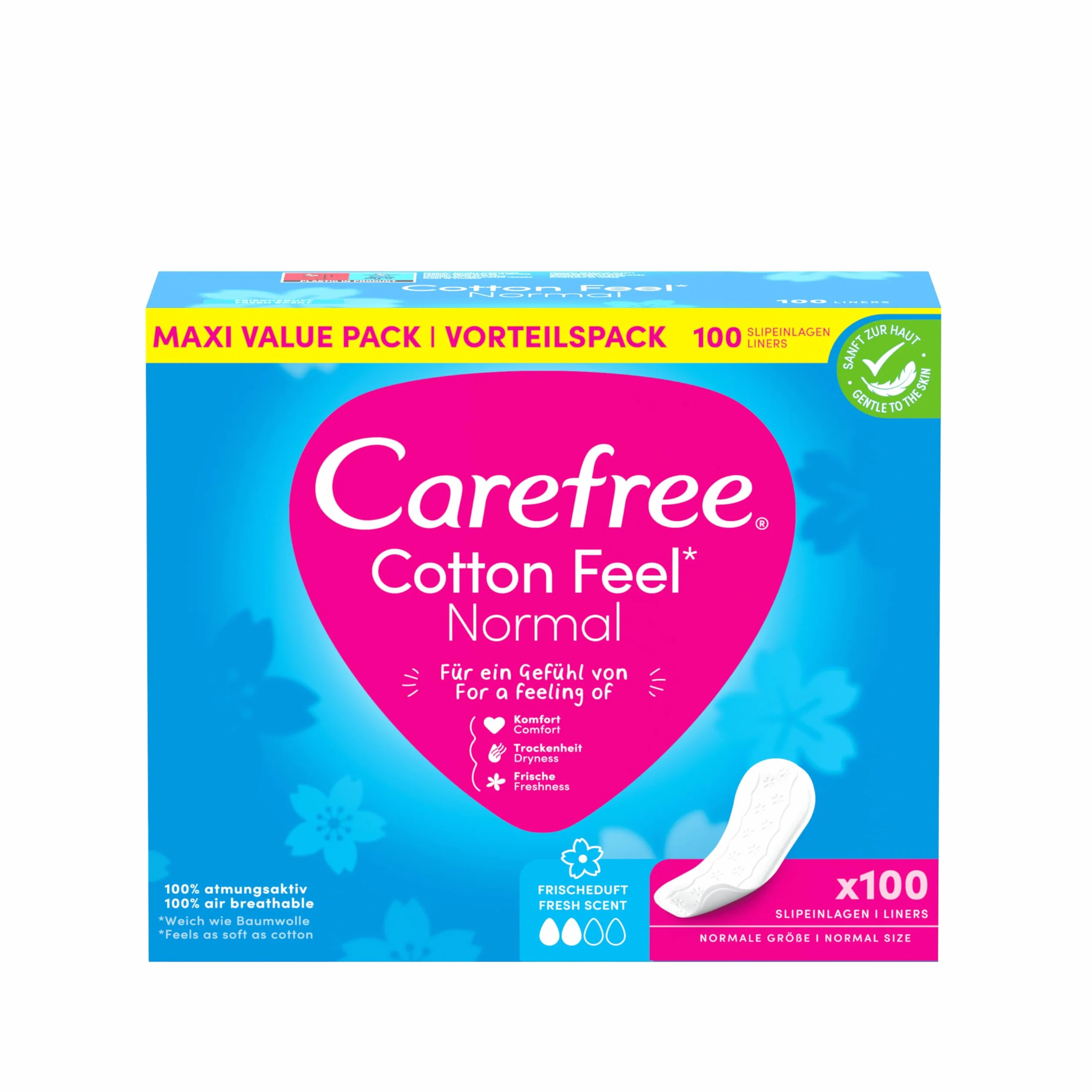 Carefree Wkładki higieniczne Cotton Feel Normal o świeżym zapachu, 100% oddychające dla długotrwałego uczucia świeżości, rozmiar normalny, 100 sztuk