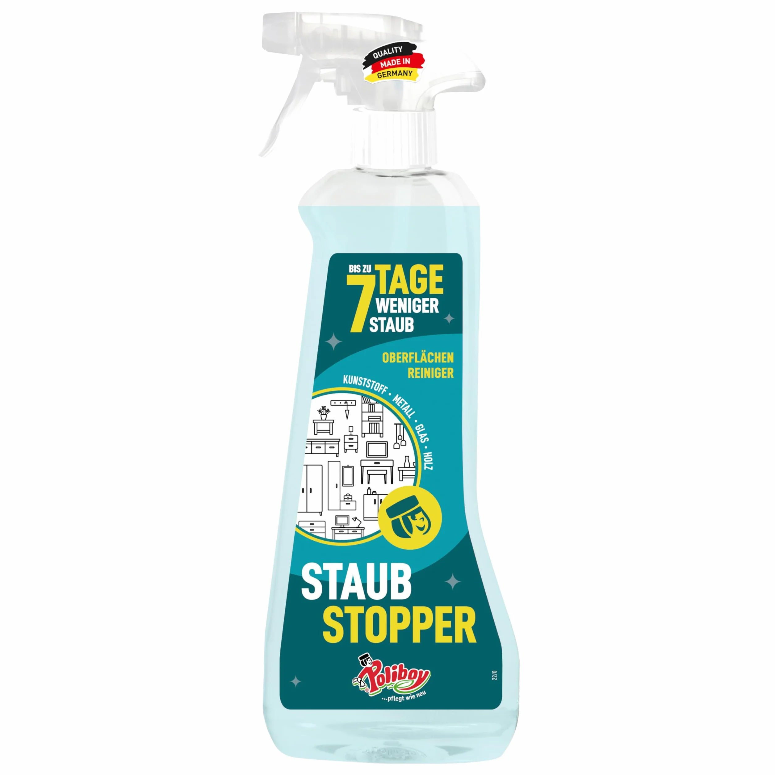 POLIBOY Stoper przeciwpyłowy – do 7 dni mniej kurzu – uniwersalny środek czyszczący – 1 x 500 ml – Made in Germany