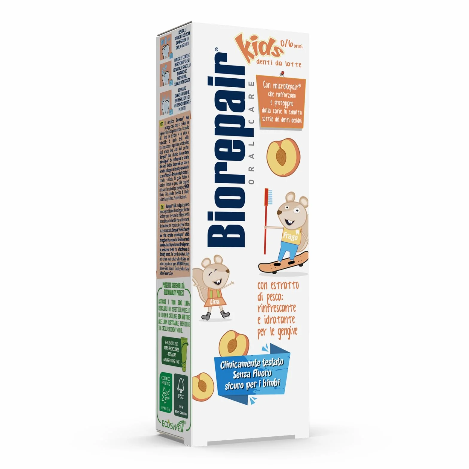 Biorepair, Pasta do zębów dla dzieci 0-6 lat Brzoskwinia, Pasta do zębów dla dzieci bez fluoru smak brzoskwinia, Antyczne, dla Zdrowych Dziąseł, Rozmiar 50 ml