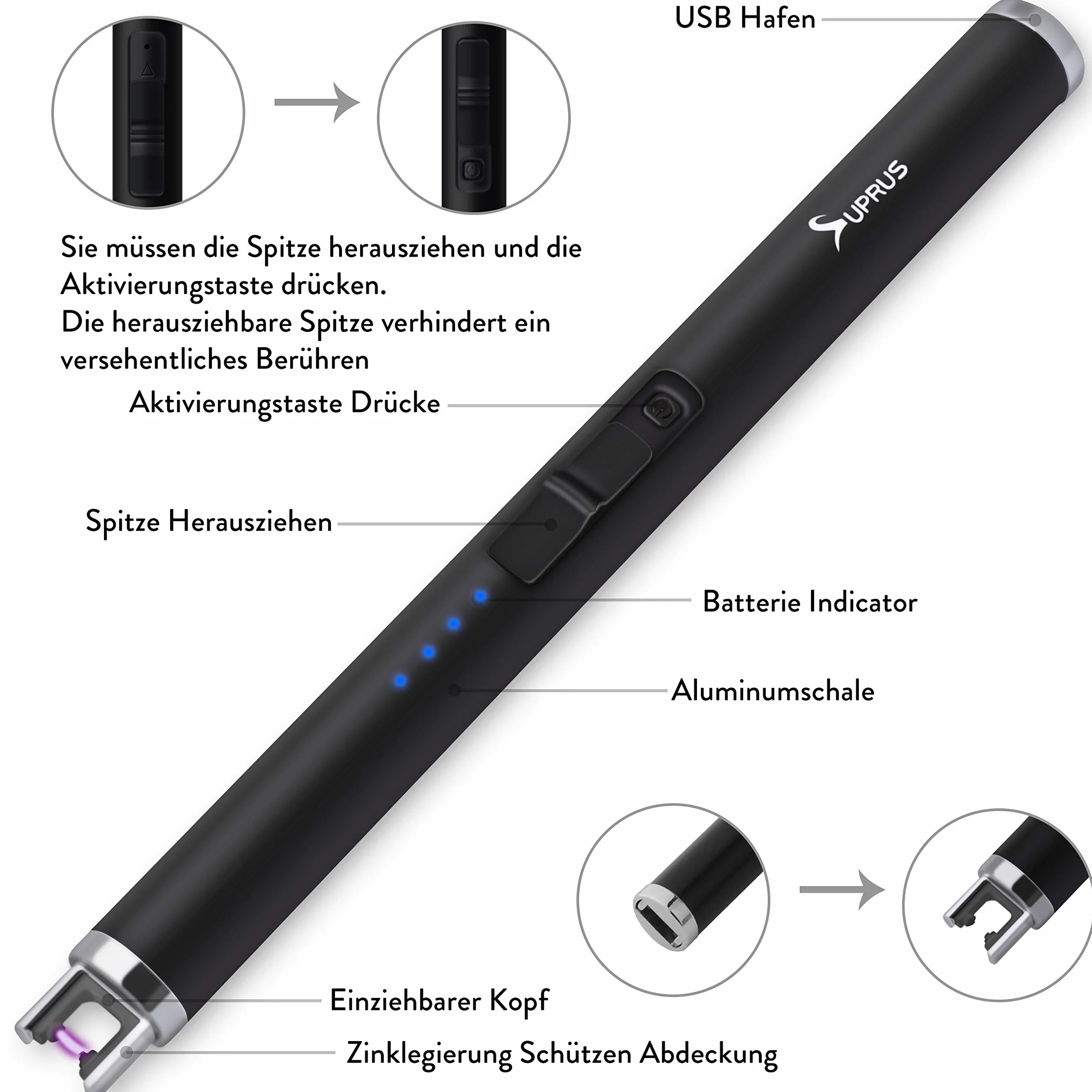 SUPRUS Eletorot zapalniczka elektroniczna z łukiem świetlnym, potrójna bezpieczność, ładowana przez USB, zapalniczka plazmowa, przenośna, wiatroszczelna, bezpłomieniowa, czarna