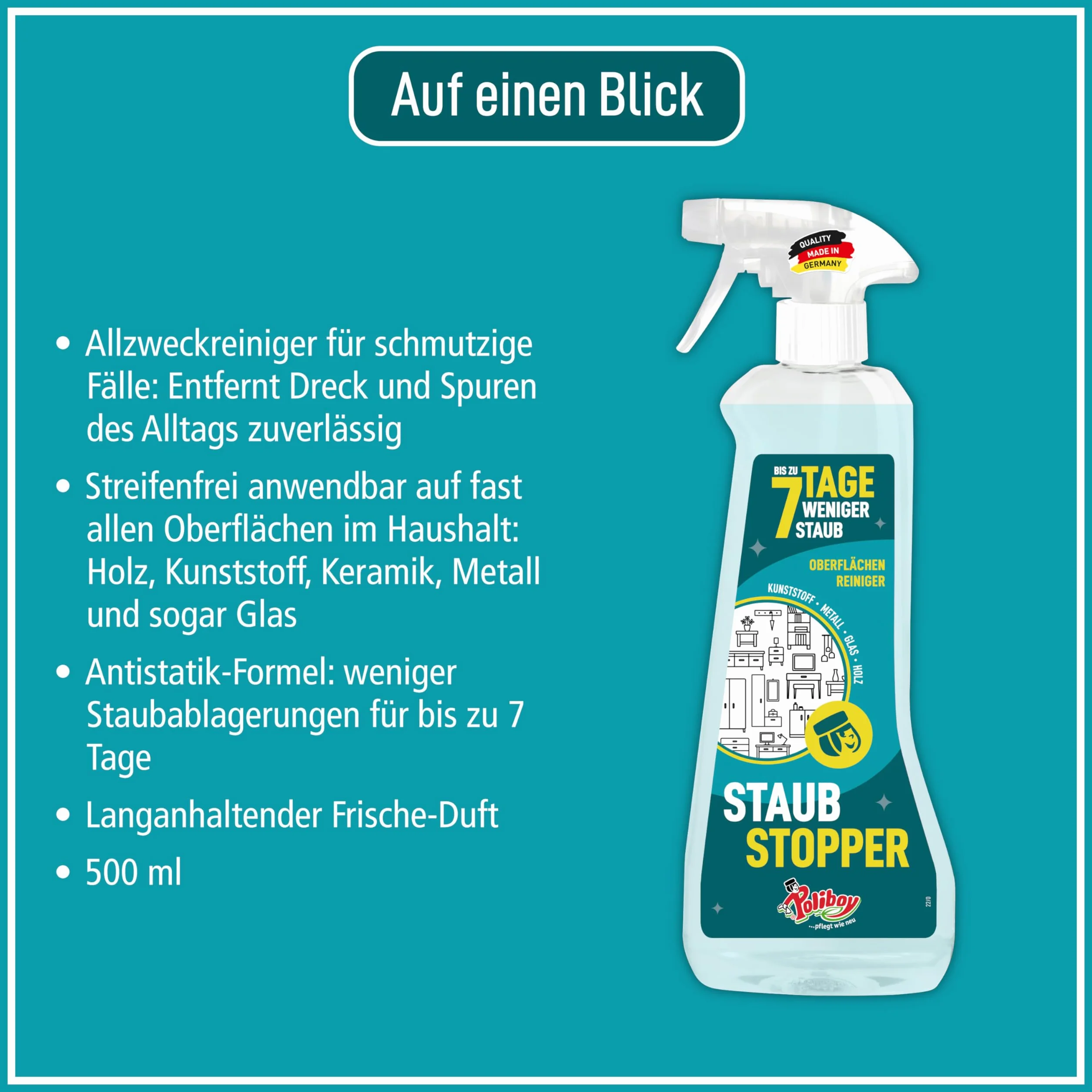 POLIBOY Stoper przeciwpyłowy – do 7 dni mniej kurzu – uniwersalny środek czyszczący – 1 x 500 ml – Made in Germany